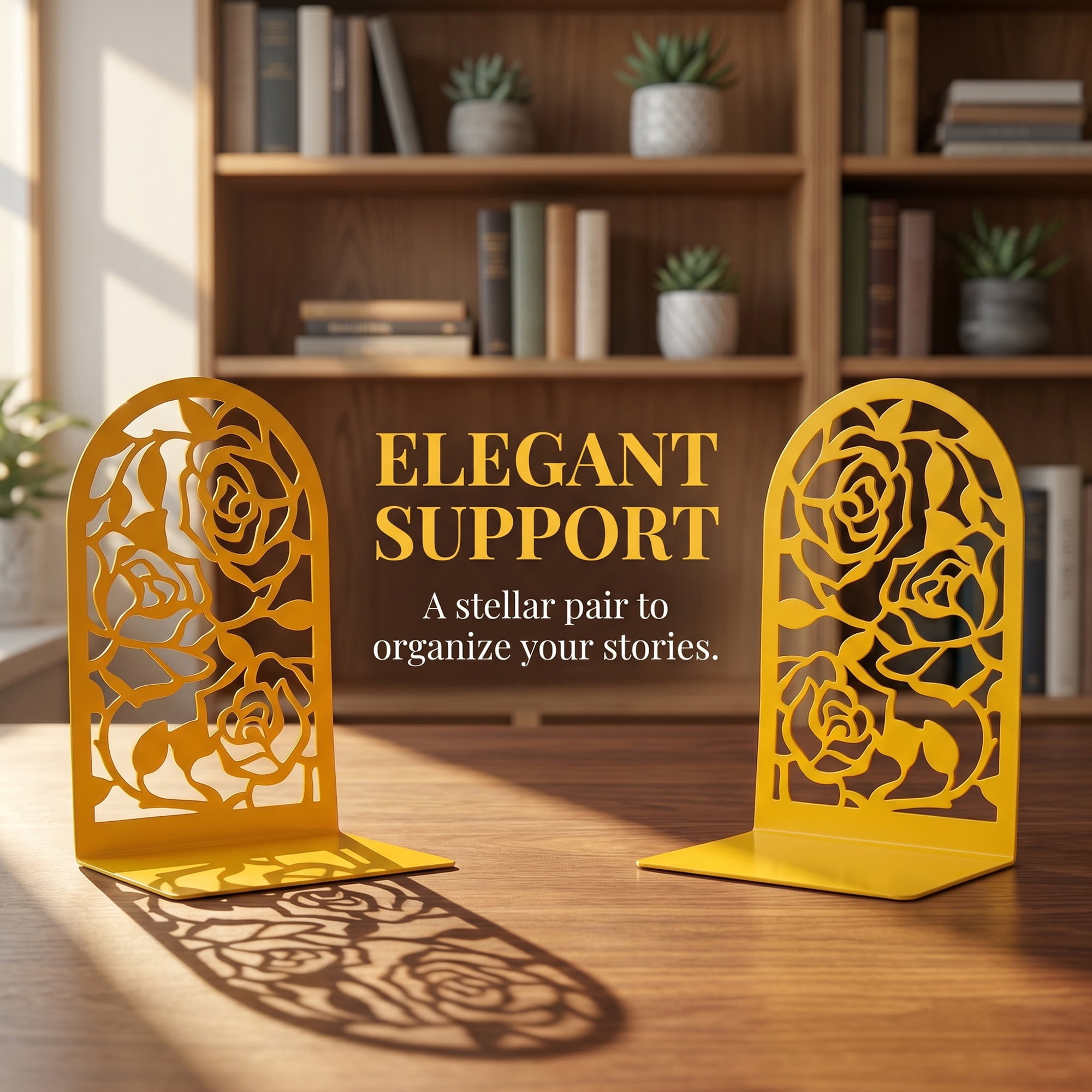 Unique Bargains Large Flower Design Floral Metal Bookends Gold Style A 4.7"x3.2"x7.3"