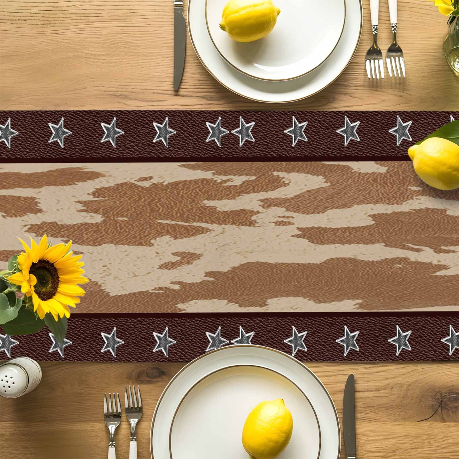 Horses Table Runner, Western Brown White Horse Brown Animal Texture Stars Washable Kitchen Table Runners Dress Scarves for Dining Table Decorations Party, 13x90in