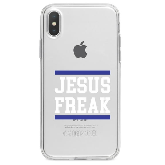 DistinctInk Clear Shockproof Hybrid Case for iPhone XR (6.1" Screen) - TPU Bumper Acrylic Back Tempered Glass Screen Protector - Jesus Freak White Blue