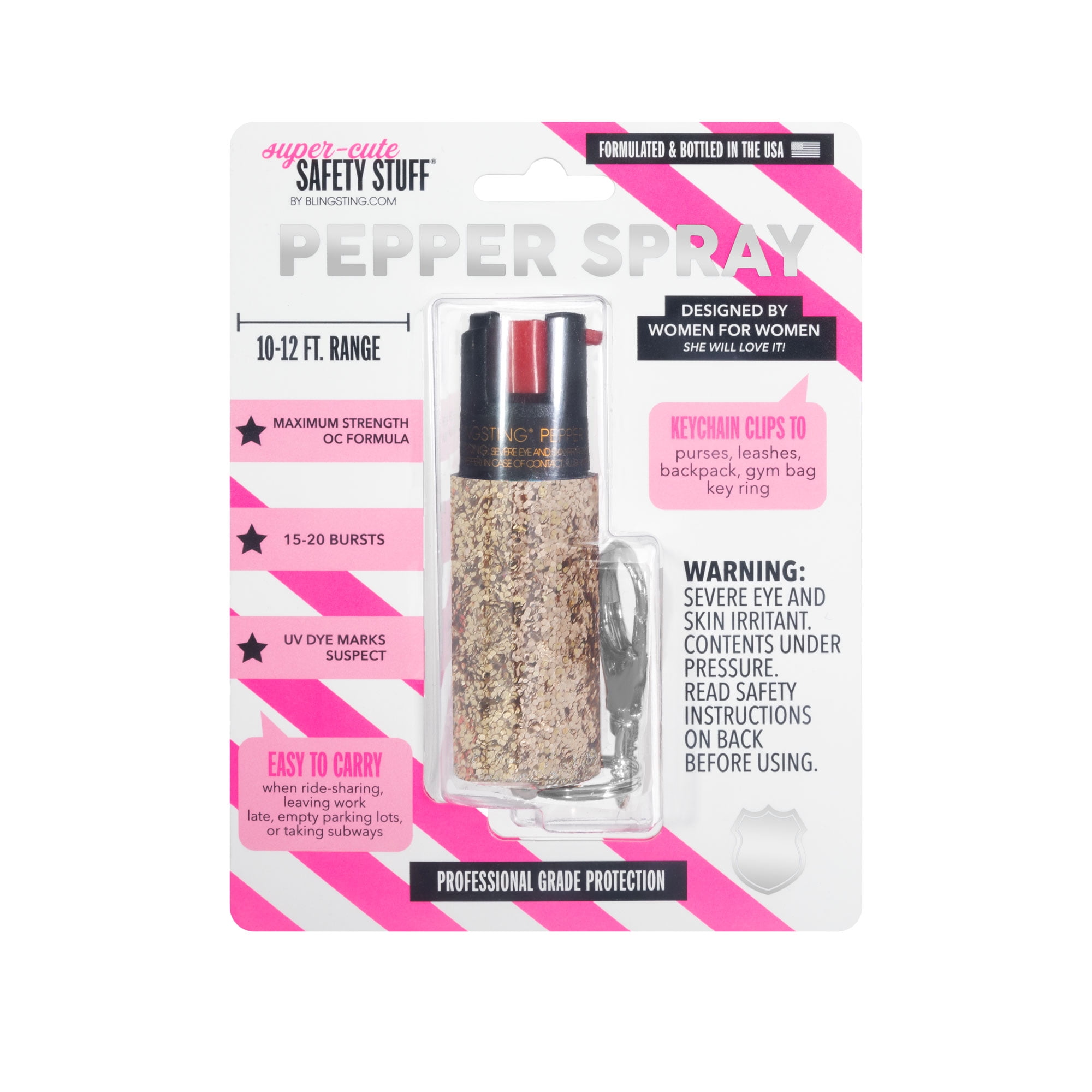 BLINGSTING Essentials Rose Gold Pepper Spray with Key Ring, 0.5 oz - Safety and Style in Personal Protection
