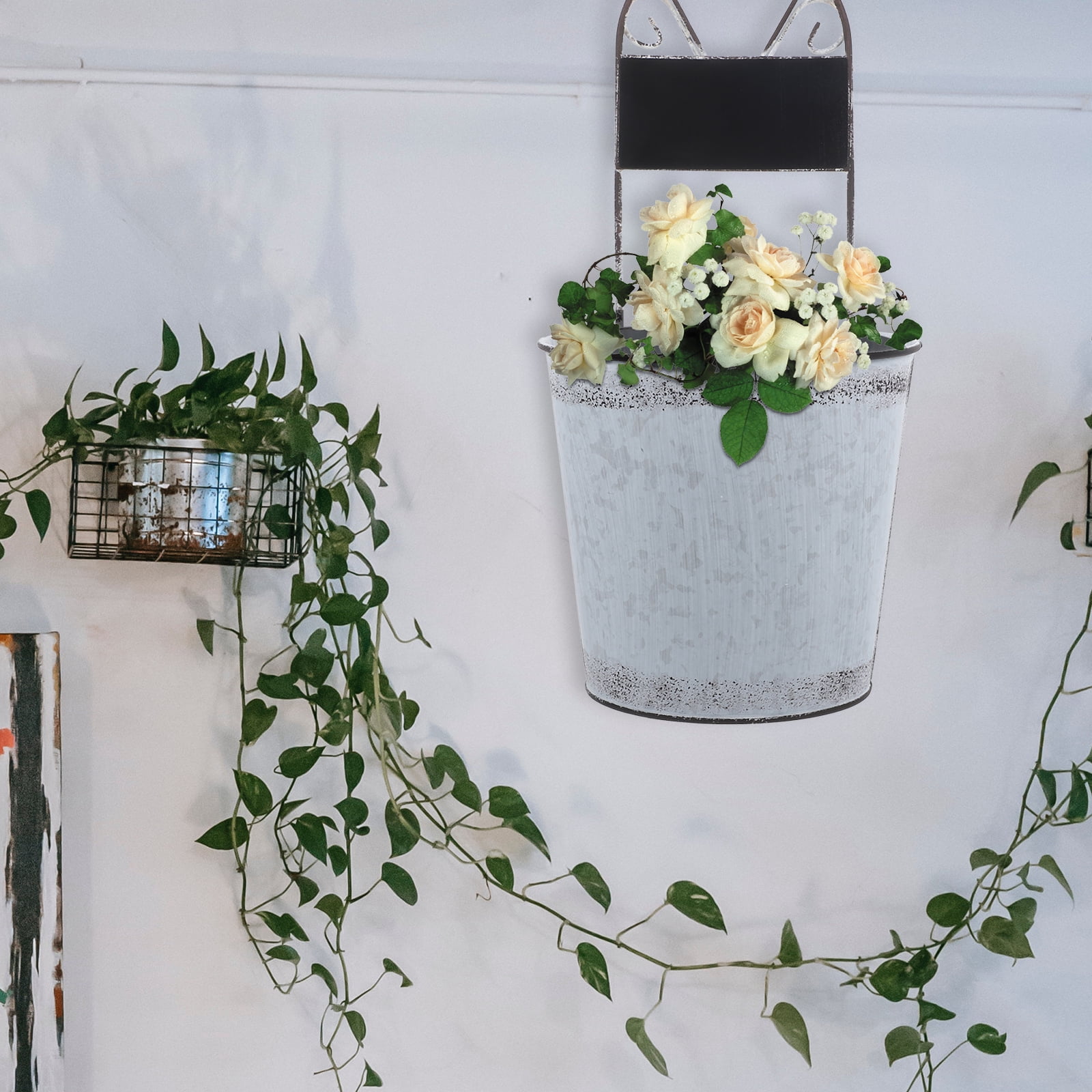 FRCOLOR  Metal Succulents Flower Vase Iron Bucket Hanging Planter Galvanized Artificial