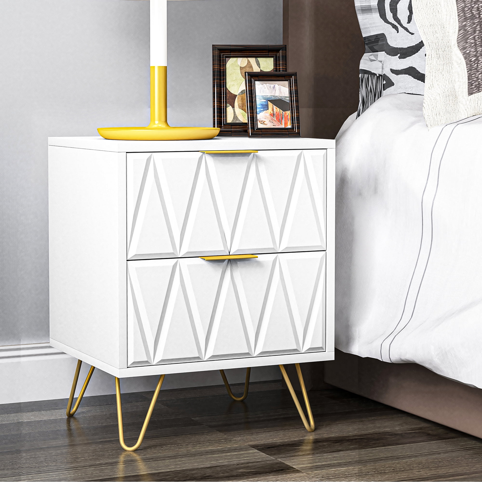 Resenkos 2-Piece Geometric Pattern Nightstands with Gold Hairpin Legs & Brass Handles, Modern Bedside Storage Cabinets for Bedroom, White