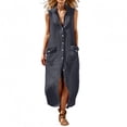 thumbnail image 2 of Guieoi Summer Dresses for Women under $10 Plus Size V-Neck Solid-Color Casual Sleeveless Long Dress with Pockets Gray L, 2 of 7
