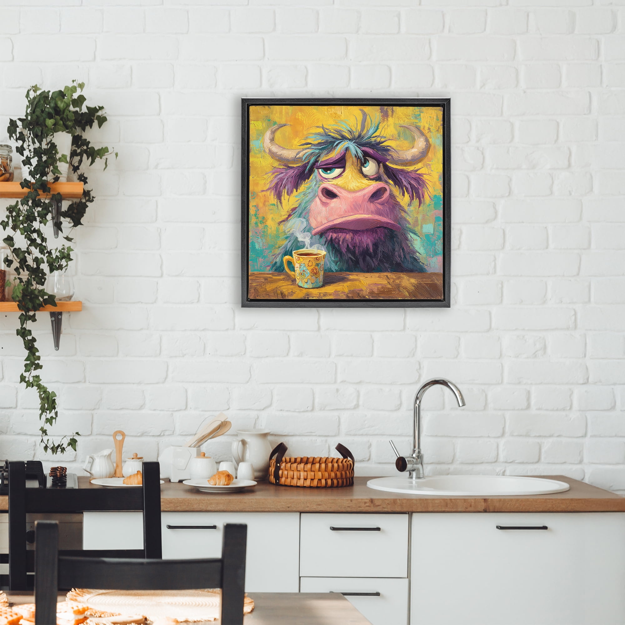 Stupell Industries Grumpy Cow & Mug Black Framed Floater Canvas Wall Art, design by The Wands Want