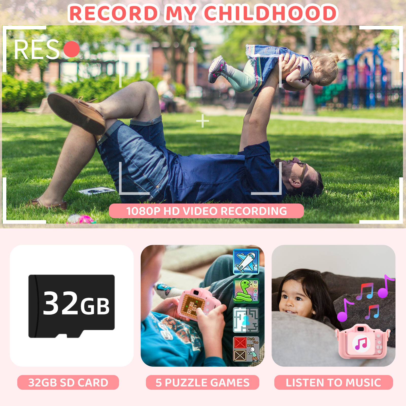 Wisairt Kids Digital Camera 1080P with 32GB SD Card, Pink photo 5