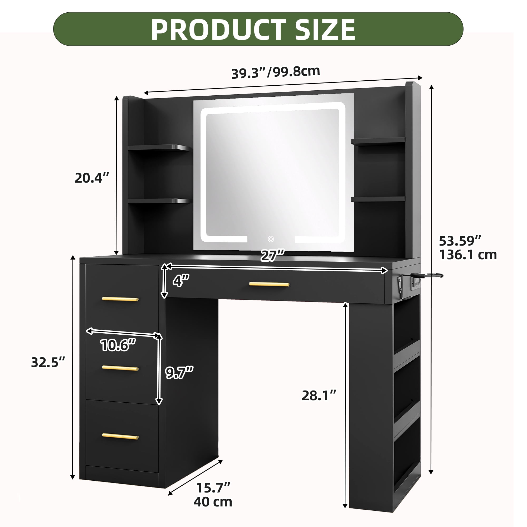 Uforic 40" Black Makeup Vanity Desk with 3-Color LED Mirror, 4 Drawers, 7 Open Shelves, Power Outlets, Hair Dryer Holder & Anti-Tip Safety for Adults