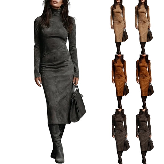 Women's Pleated Velvet Super Long Dress Long Sleeve High Neck Tight Long Dress Fashion Solid Color for Winter Elegance and Formal Events,Brown,L