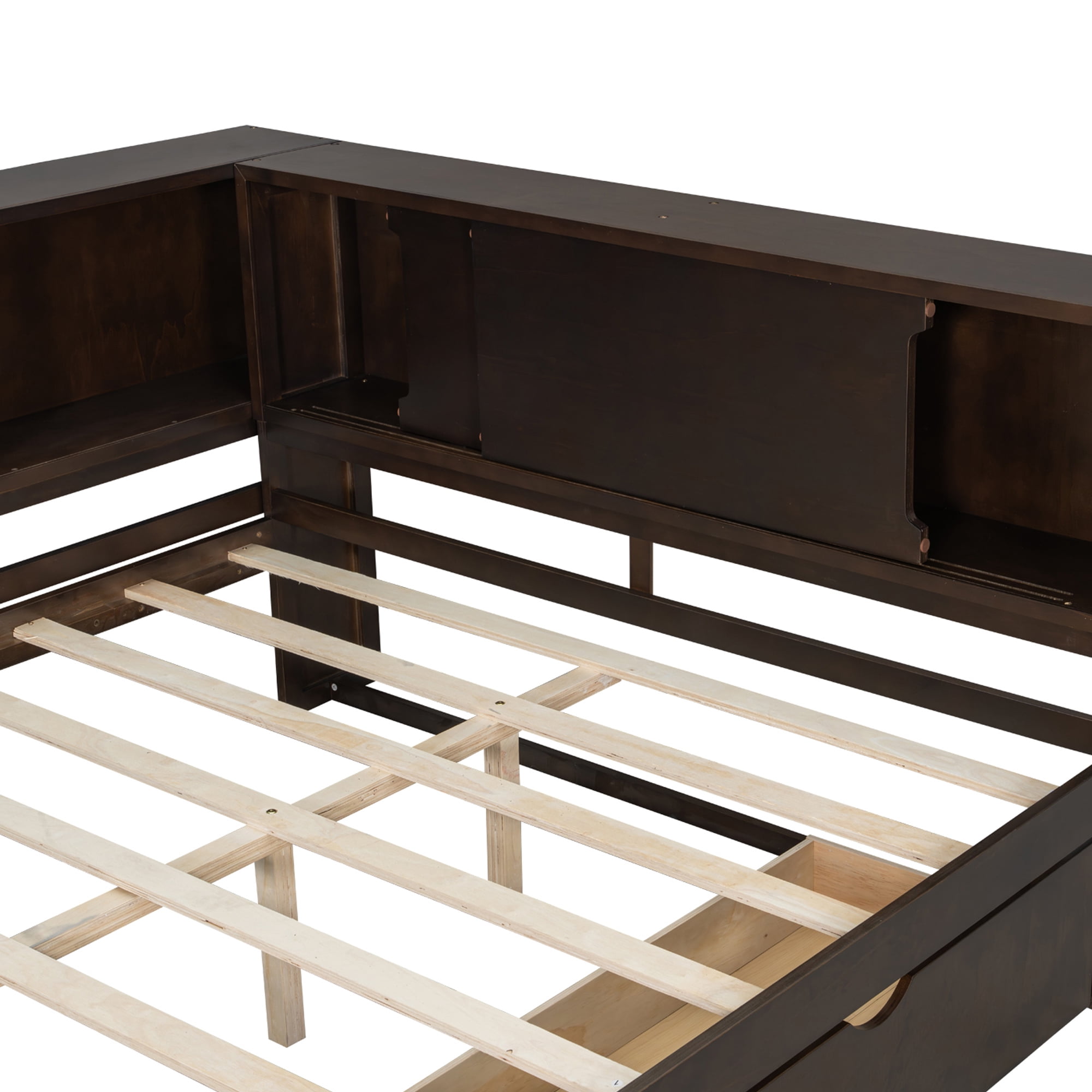 Euroco Wood Queen Size Daybed with Storage Shelves and Drawers, USB Ports and LED Light, Brown