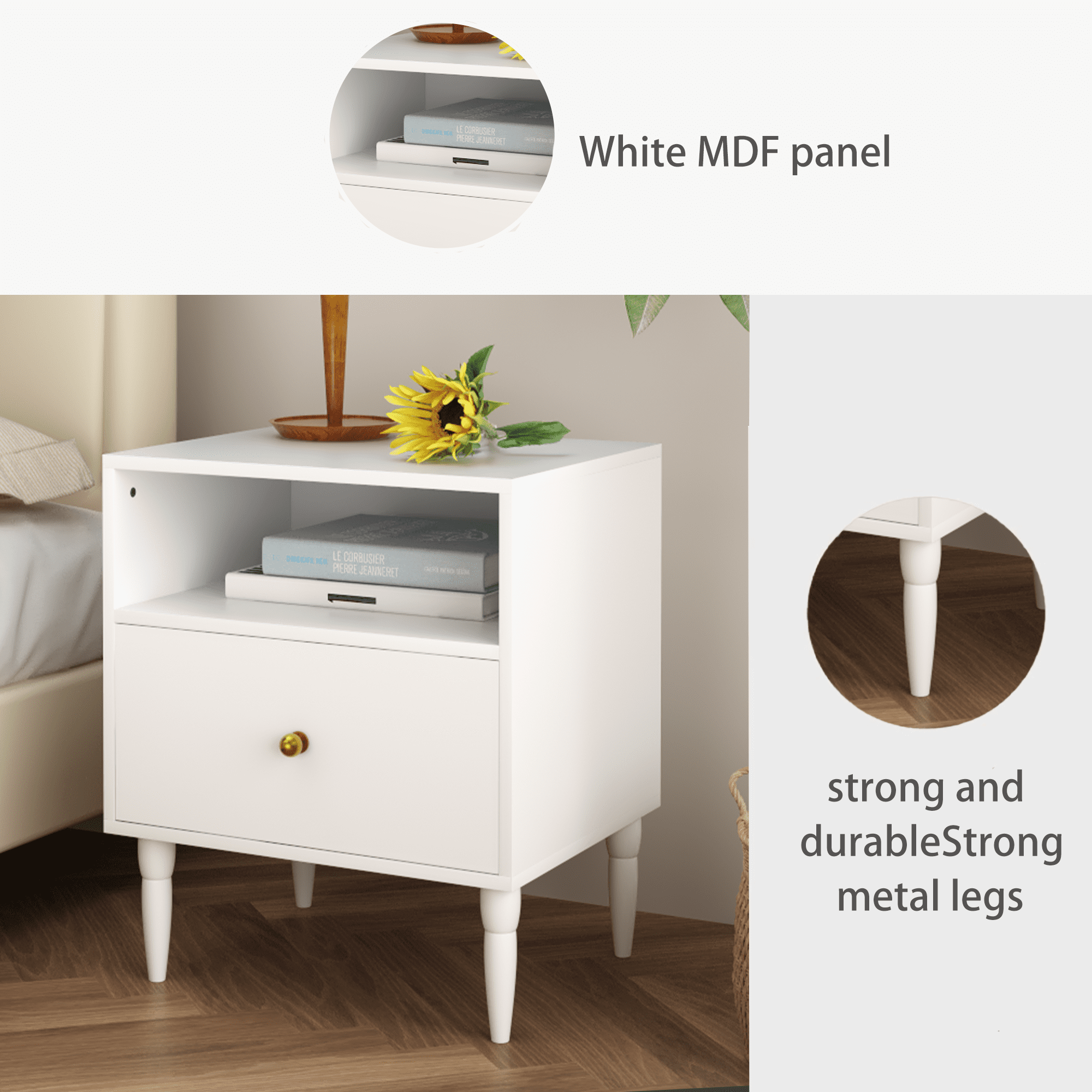 White Nightstand with Drawer and Open Shelf, MDF Bedside Table with Gold Knob, 19.69 in x 15.75 in x 23.62 in