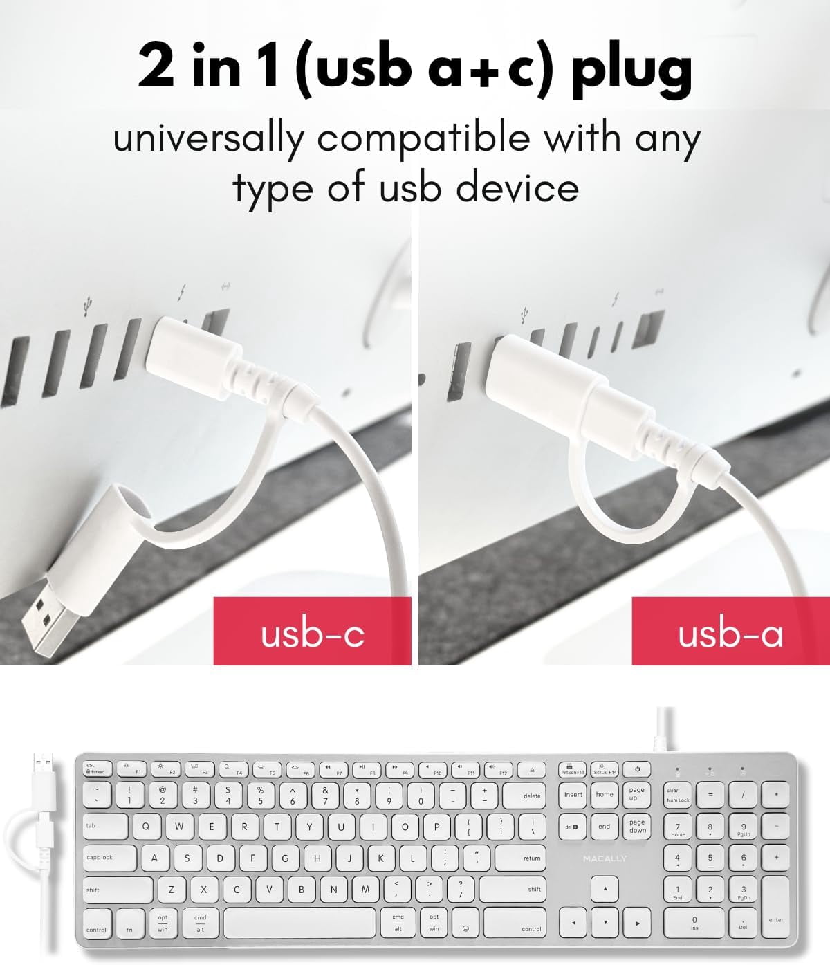 Macally Wired Keyboard for Mac with USB Hub (2X USB-A / 1x USB-C) - Compatible Backlit Apple Keyboard with Dual Interface - Auto OS Detection for Mac, MacBook, iMac, PC, Android, iPad, iOS - Silver