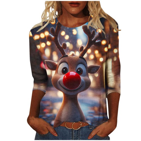 Festival Saving Christmas Tshirts Women Funny 3/4 Sleeve Round Neck Tees with Reindeer Pattern Fall Tops Tshirts Fall Clothes My Items
