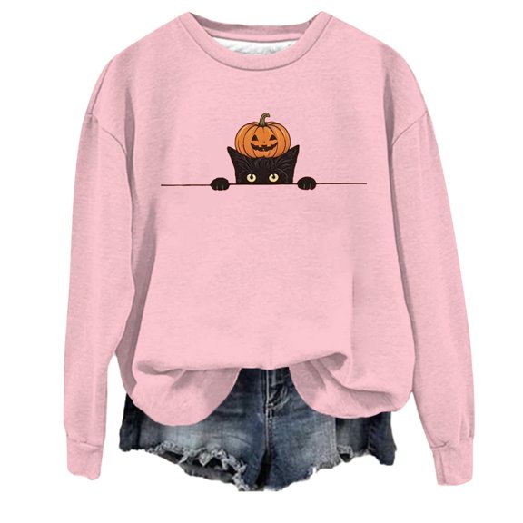 JULMCOMO Halloween Sweatshirt for Women Cute Cat Print Loose Casual Comfy Sweaters Funny Print Long Sleeve Party Holiday Graphic Tees Pink 5XL