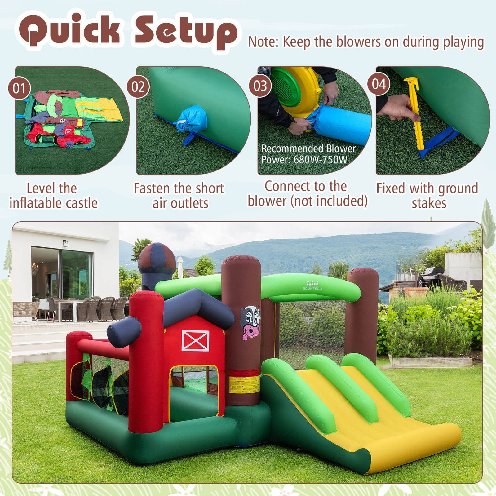 Costway Farm Themed Inflatable Castle Kids Bounce House w/ Double Slides Blower Excluded