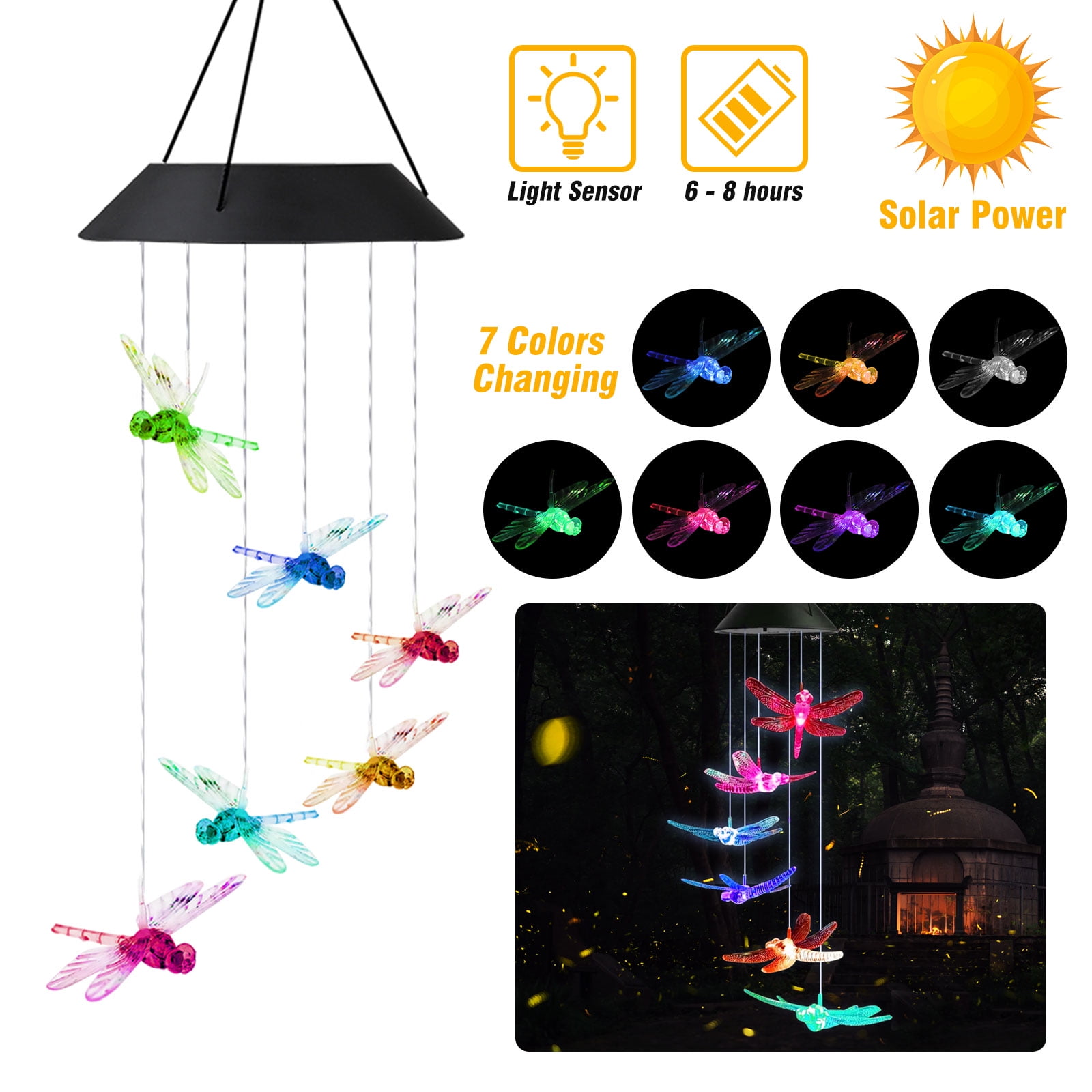 LED Solar Dragonfly Wind Chimes, Outdoor Solar Powered LED Changing
