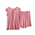 thumbnail image 2 of Pink Women Pajama Sets Ladies' Spring and Summer Solid Color Casual Drawstring Shorts Short Sleeve Pajamas Women's Shorts Home Set, 2 of 5