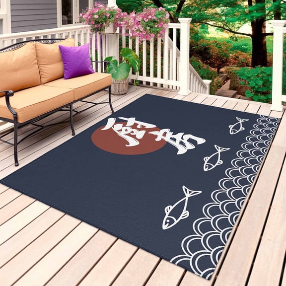 Navy Blue Outdoor Rug for Patio/Deck/Porch, Non-Slip Large Area Rug 6 x 9 Ft, Country Japanese Style Fish Animals Sea Wave Indoor Outdoor Rugs Washable Area Rugs, Reversible Camping Rug Carpet Runner