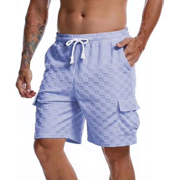 WRFWUL Men's Checkerboard Textured Cargo Shorts Elastic Waist Drawstring Wide Leg Shorts Summer Comfy Knee Length SweatShorts