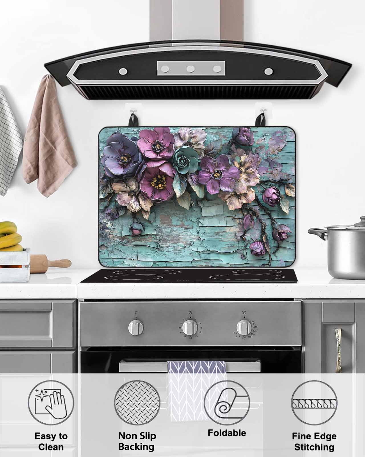 nqOlkjepod Large Induction Cooktop Protector Mat 24"x21", Spring Floral Stove Top Covers for Electric Stove, Blue Mottled Walls Vintage Garden Pastoral Stove Burner Cover Mats, Glass Top Stove Cover