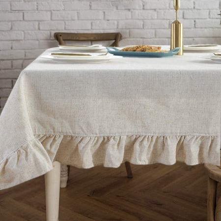 Heavy Duty Tablecloth With Lace Ruffle Trim - 60x120 Inch, Pink/Beige/Grey Stripe Farmhouse Style For Dining, Weddings, Parties