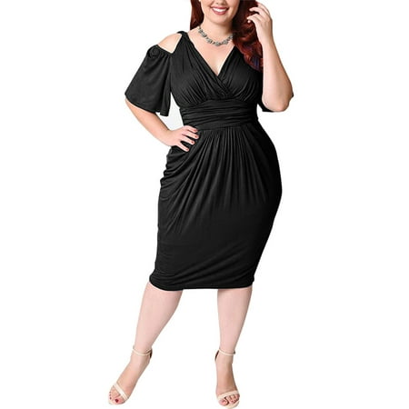 Plus Size Bodycon Dresses 4x UAKP Women's V Neck Cold Shoulder Fashion Pleated Tunic Solid Bodycon Cocktail Party Evening Formal Dress Elegant Sexy Bridesmaid Dress Plus Size ()