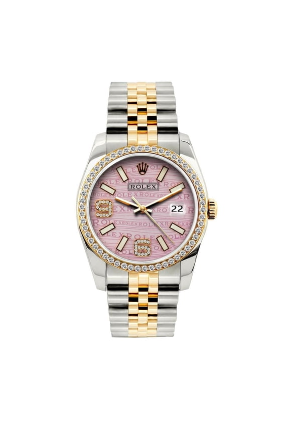 Pre-Owned Rolex Datejust 36MM 16233 Pink Wave Arabic Diamond Dial Diamond Bezel Two Tone Yellow Gold Jubilee Bracelet 1.2ct