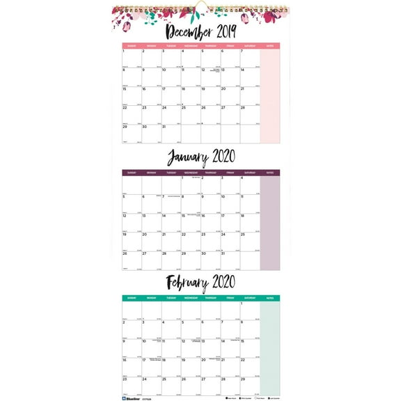 Blueline, REDC171129, 3-Month Colorful Wall Calendar, 1 Each, Floral