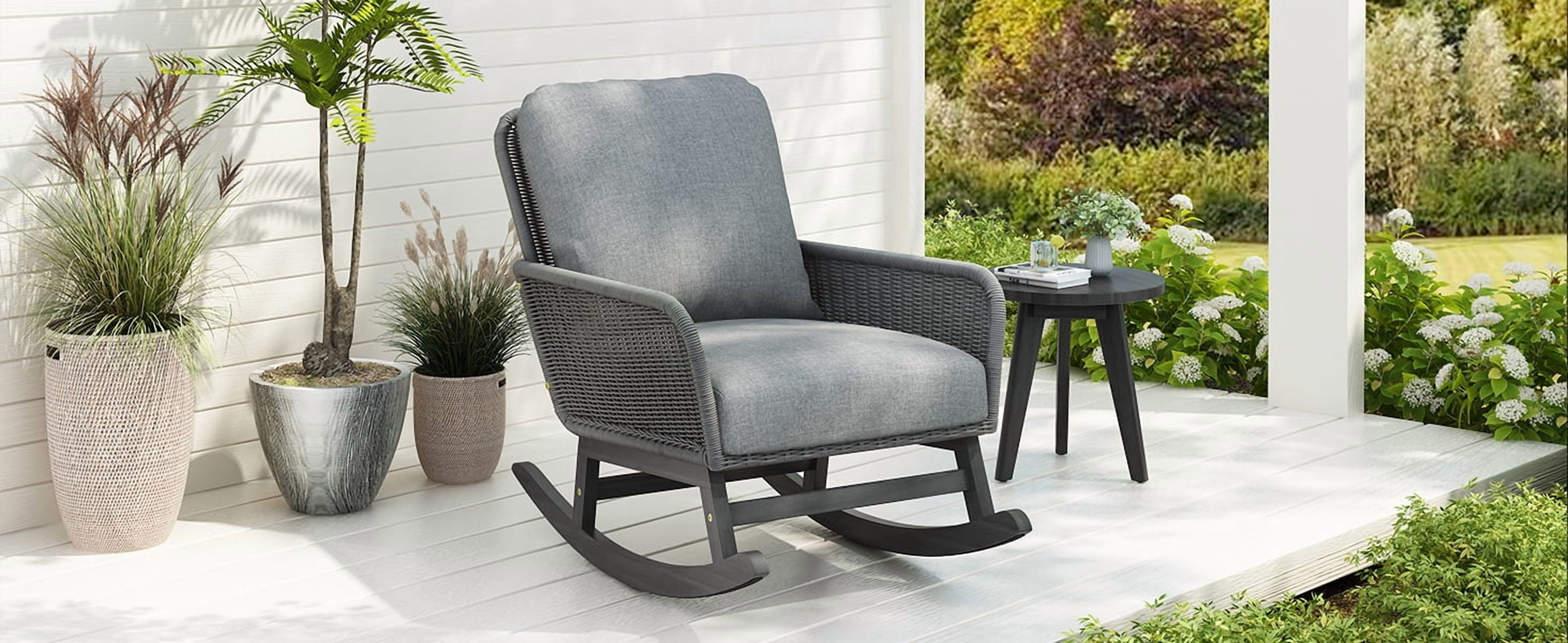Rocking Chair, Minimalist Gray Wicker Chair with Soft Cushions for Patio Balcony, Gray