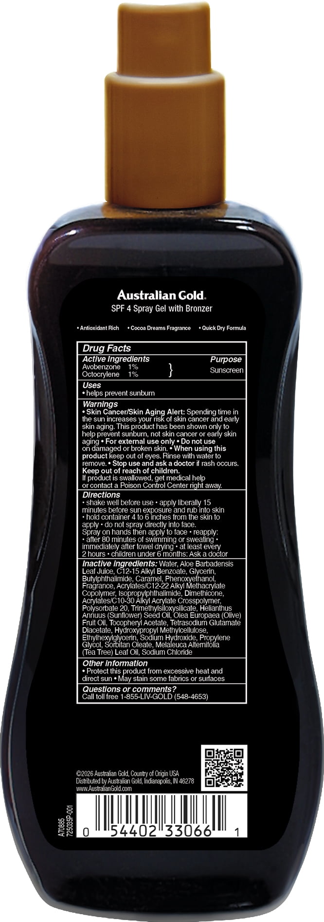 Australian Gold General Protection Bronzer Sunscreen Spray Gel, Cocoa Dreams Scent, SPF 4, 8 fl. oz