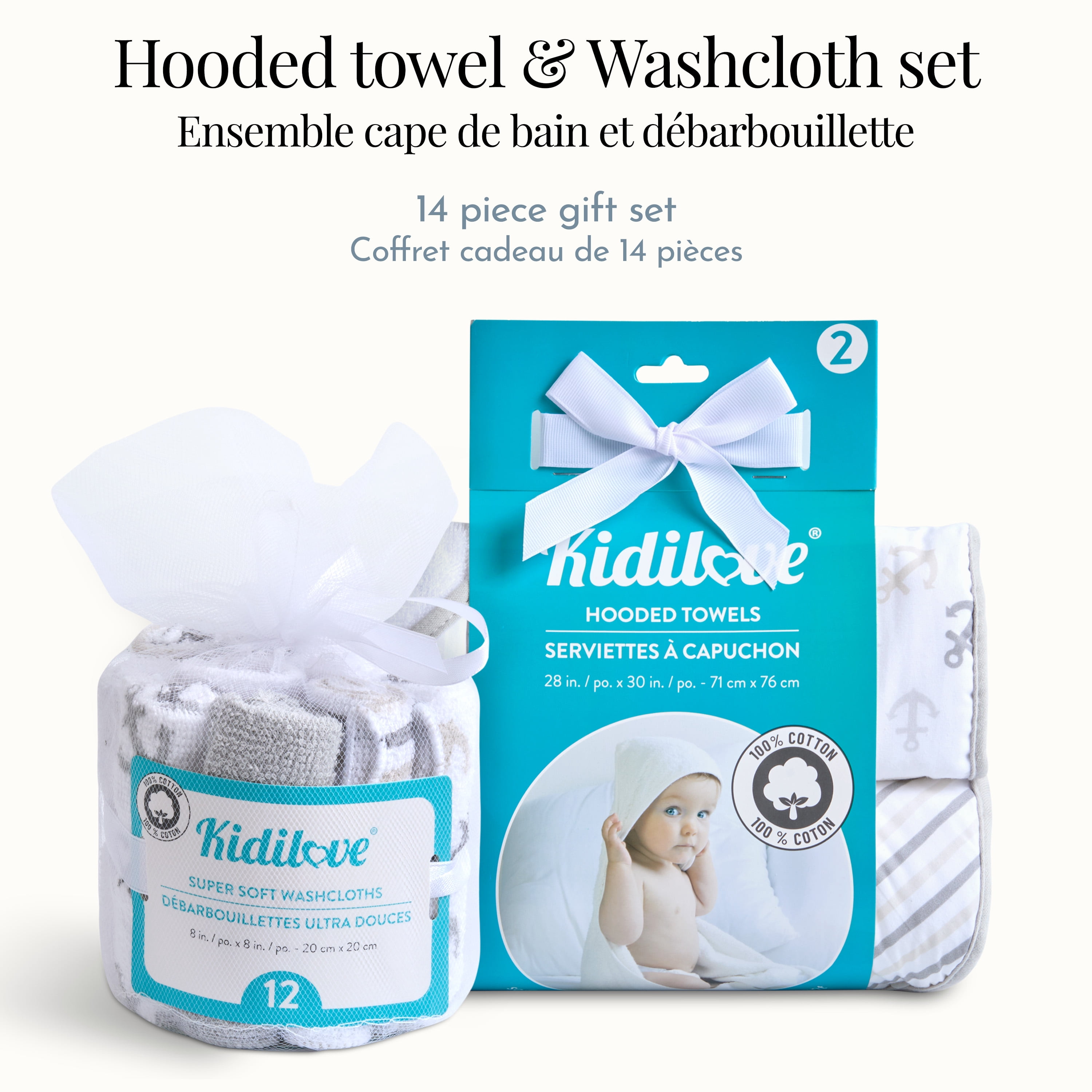 Dream On Me Baby 2 Piece Hooded Towels & 12 - Piece Washcloth Set in Soft Grey