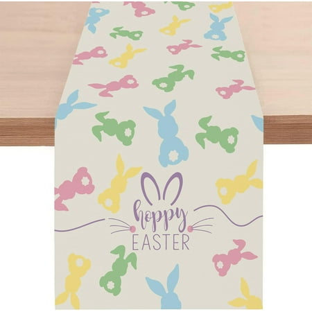

Happy Easter Bunny Table Runner Cute Rabbit Colourful Dining Kitchen Table Decor Seasonal Spring Linen Table Decoration for Home Holiday Party 13x72 Inch