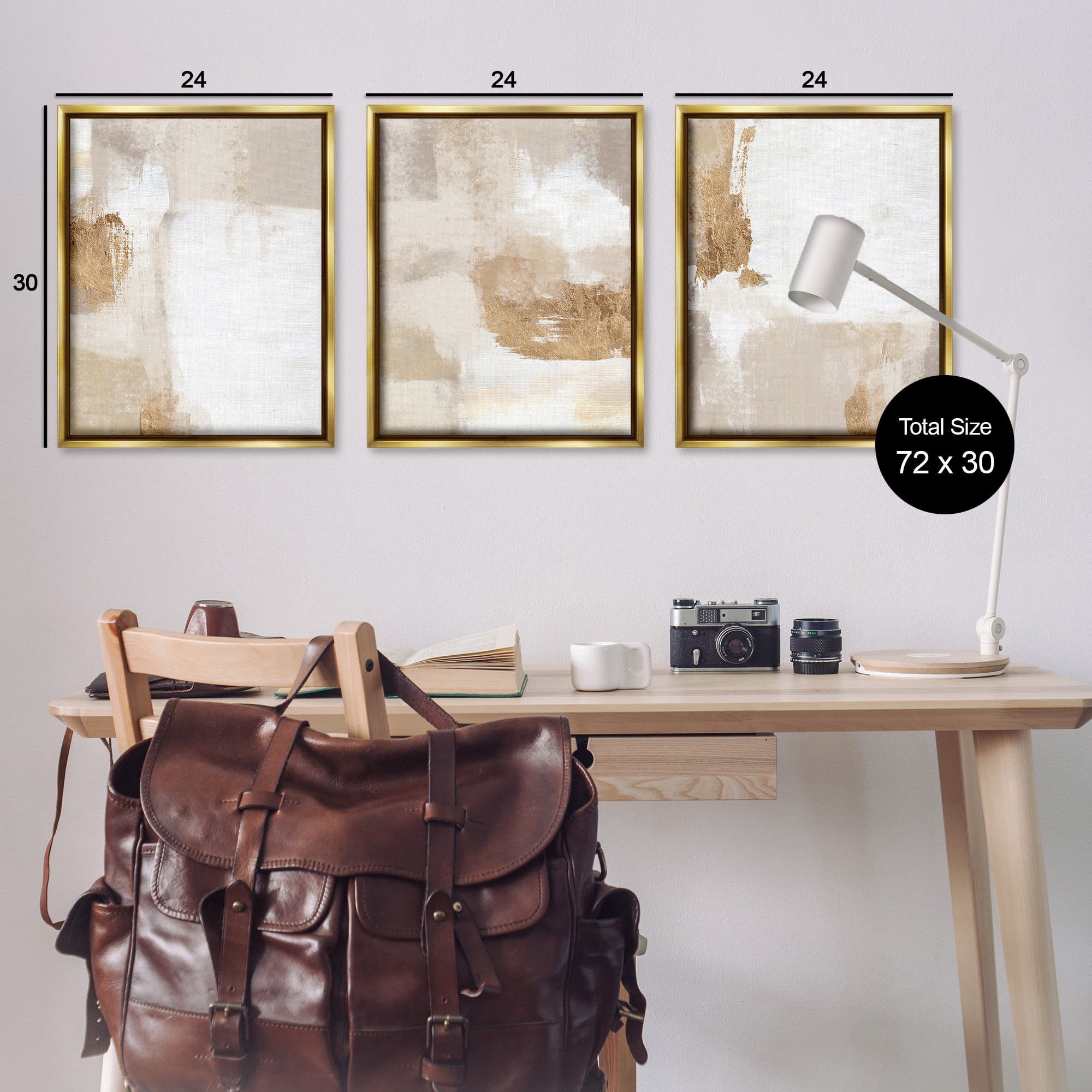 Stupell Industries Beige Modern Abstraction Abstract Painting Gold Floater Framed Canvas Art Print Wall Art, 25 x 31, Set of 3