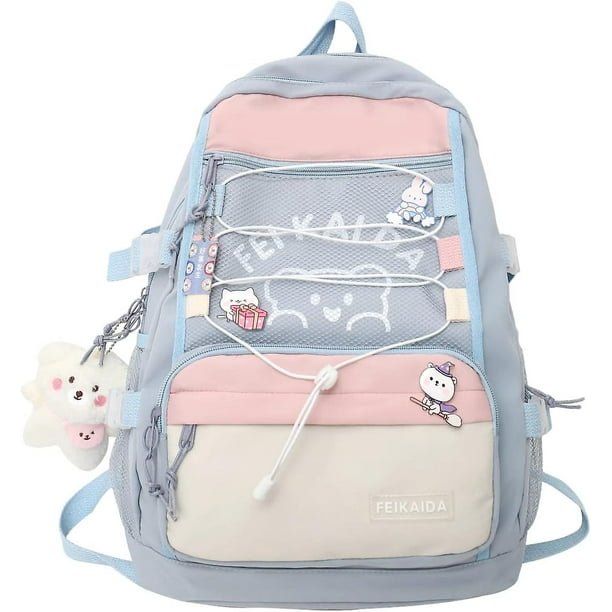 Mochila escolar japonesa con lindas mochilas kawaii Mochila estetica Mochilas para ninas de 8 a 10 anos azul Pines decorativos colgante de osito