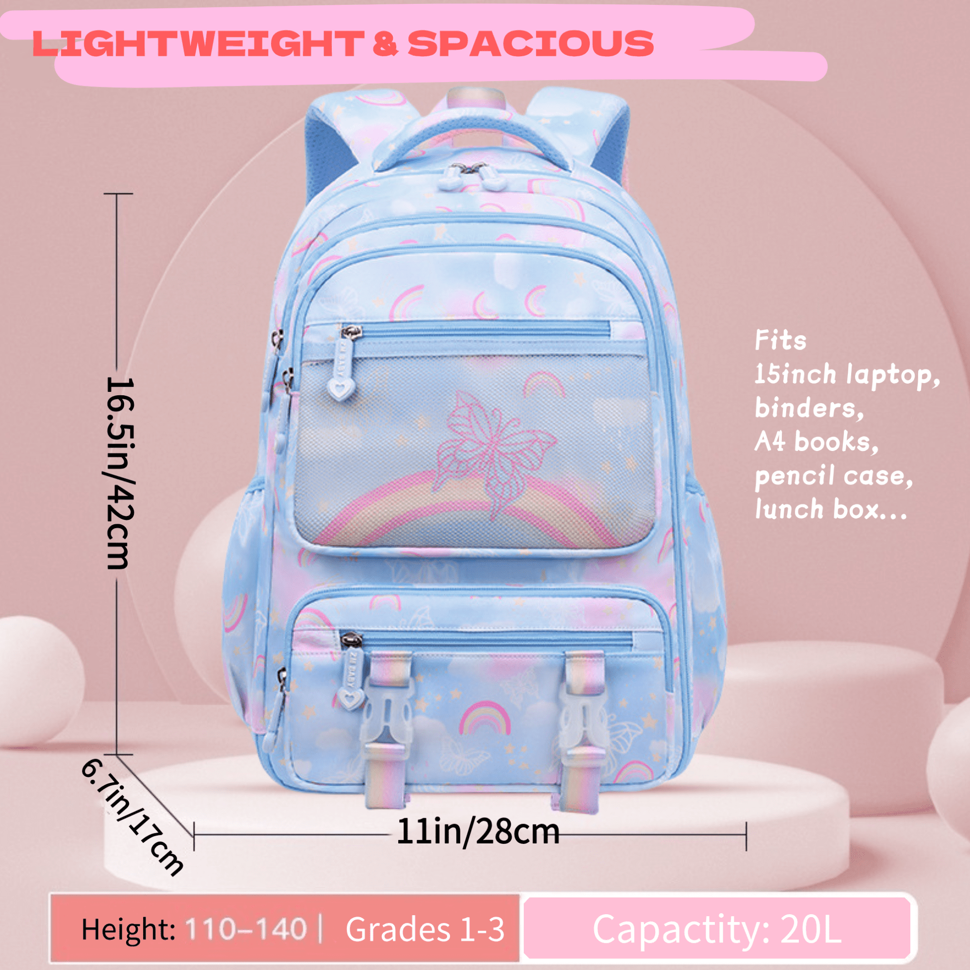 Girls Backpack, Kids Backpack for Girls with Multiple Pockets, Lightweight School Bookpack, Watrer Resistant, Bookbag for Elementary Primary School, Blue