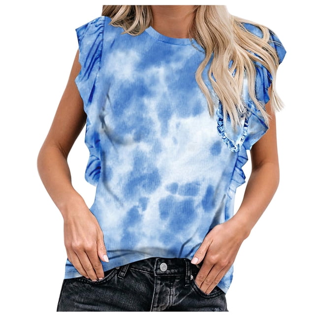 Birdeem Womens Spring /Summer Lace Flying Sleeves Round Neck Tie Dyed T-Shirt Top