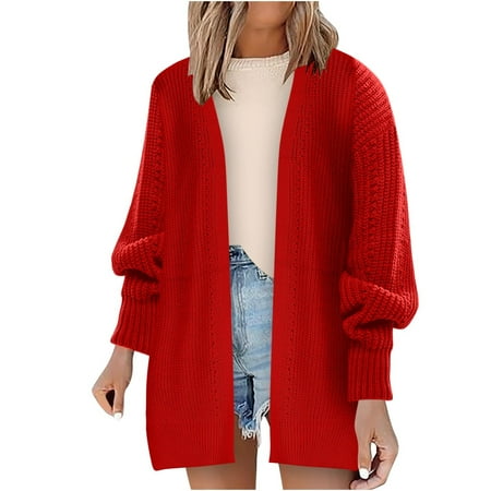 JGGSPWM Women's Open Front Long Lantern Sleeve Cardigan Oversized Chunky Knit Sweater Coat Fall Winter Outwear with Pocket Red XL