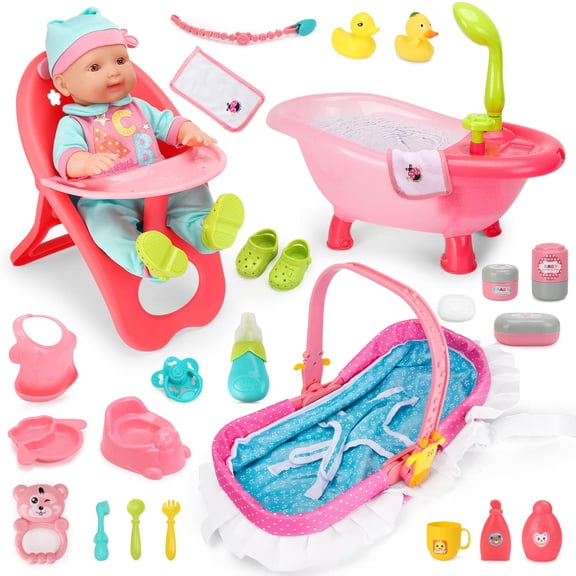 Set de muñecas DeaO, 25 unidades, con trona, bañera, cuna y accesorios