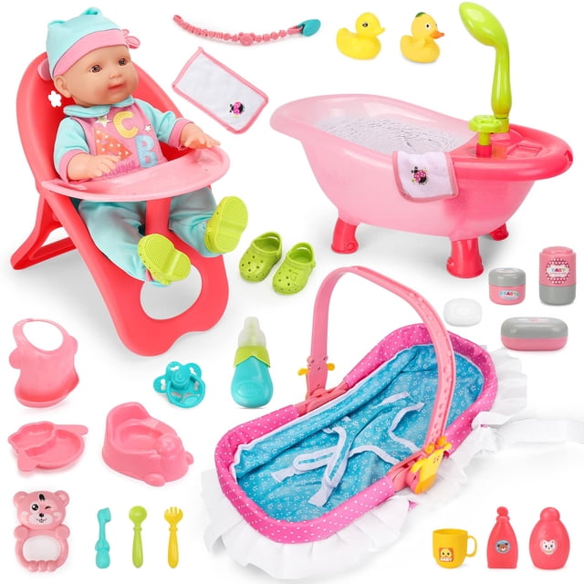 Set de muñecas DeaO, 25 unidades, con trona, bañera, cuna y accesorios