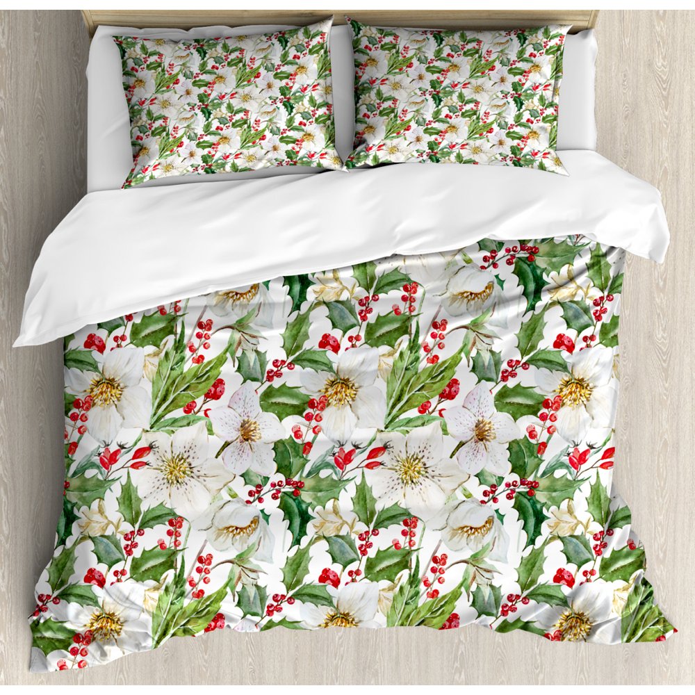 Watercolor Duvet Cover Set, Christmas Themed Floral Poinsettia Winter