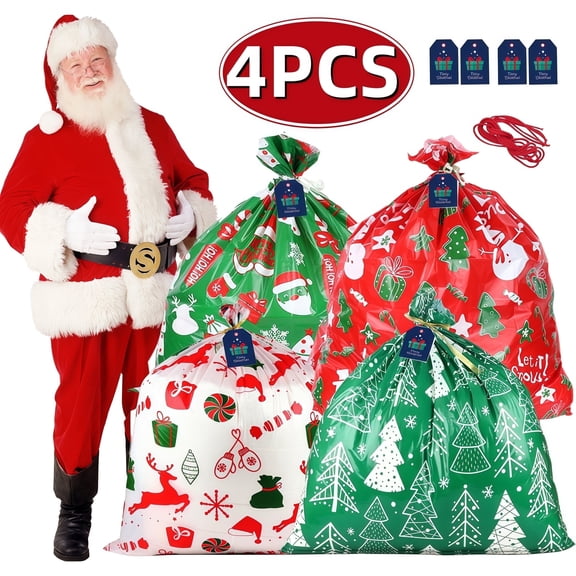 Christmas Gift Bag Christmas Large Plastic Bags Jumbo Gift Bags Xmas Extra Large Gift Bags with Rope Santa Claus Gift Bag for Christmas Party Gifts & Supplies 4PCS