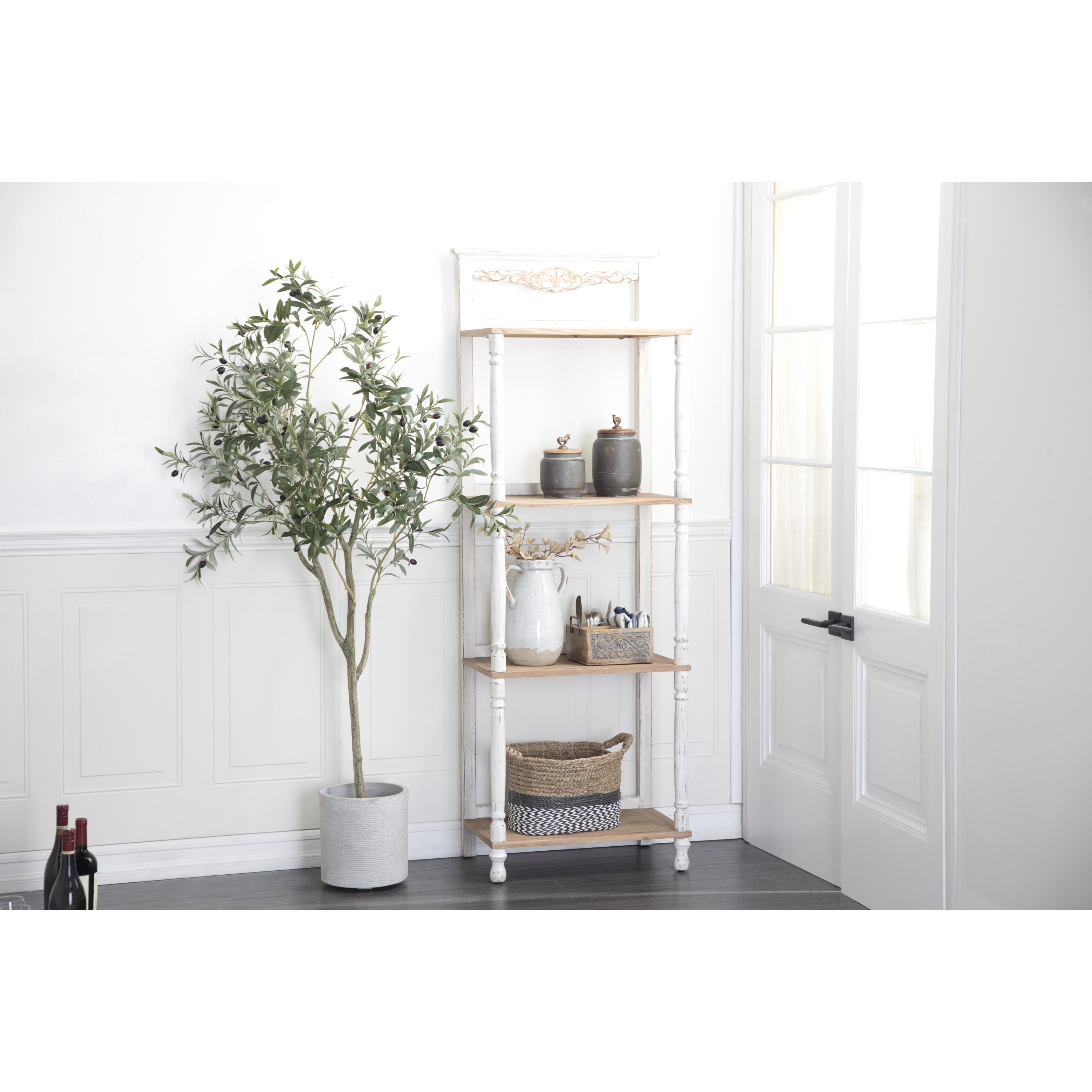 DecMode 25" x 71" White Wood Floral Intricately Carved 4-Tier Shelving Unit, 1-Piece