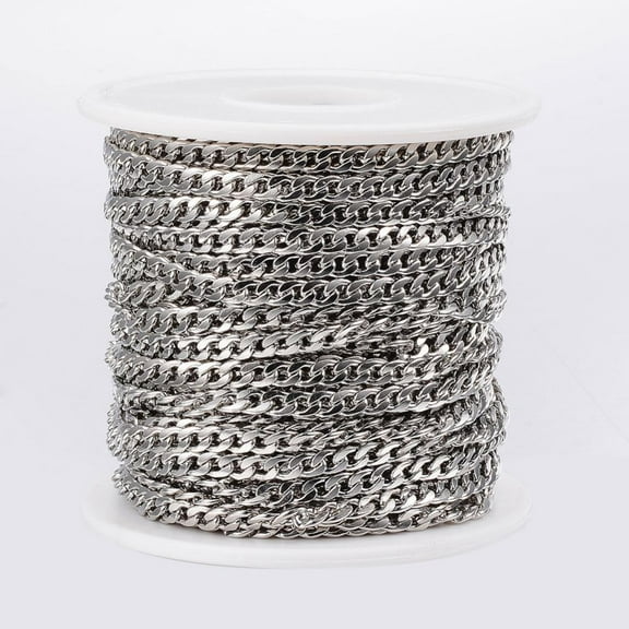 1 roll Tarnish Resistant 304 Stainless Steel Cuban Link Chains Curb Chains Twisted Chains Unwelded with Spool Faceted Stainless Steel color 5.5x3.8x1mm 32.8 Feet(10m)/roll