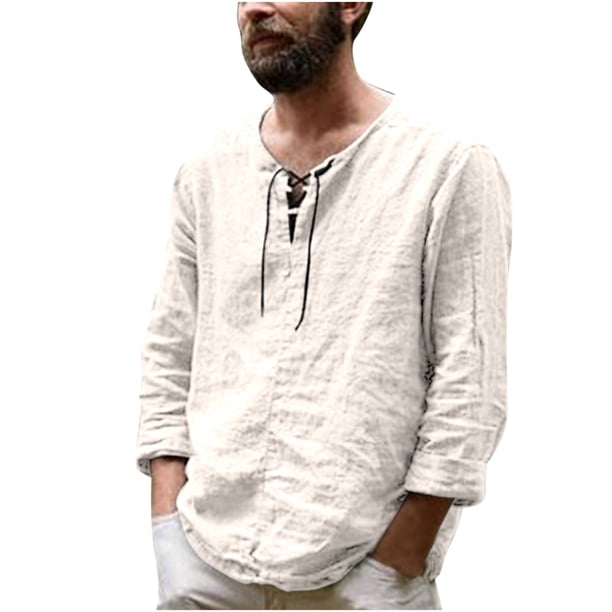 Camisa de blusa casual de manga larga con cuello en V para hombre Pompotops oipoqjl8522