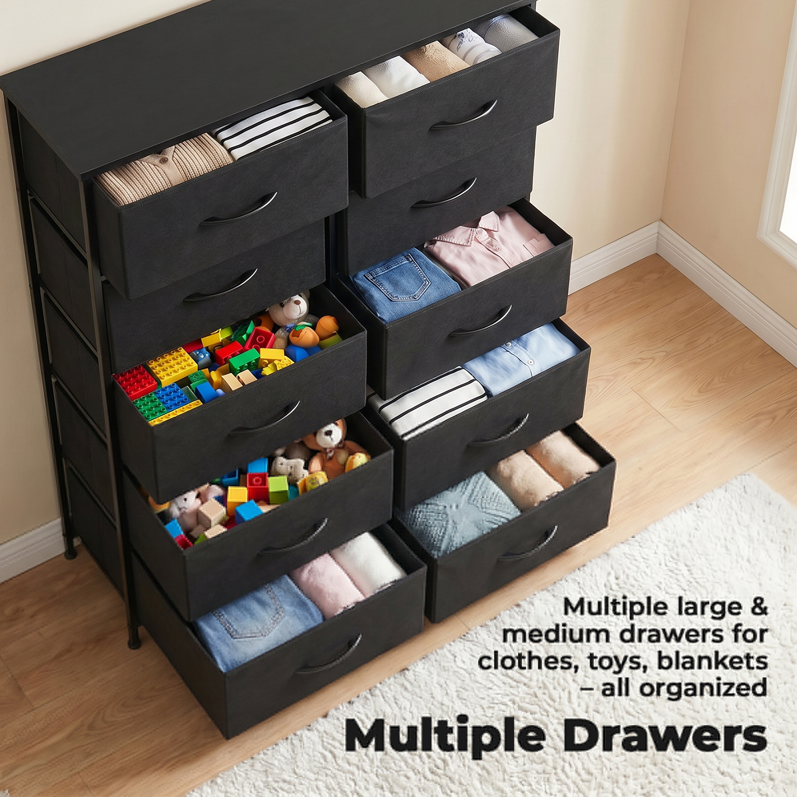 Alvantor Tall Dresser Fabric Storage Tower ,Wooden Top for Kid Room, Closet, Entryway, Nursery