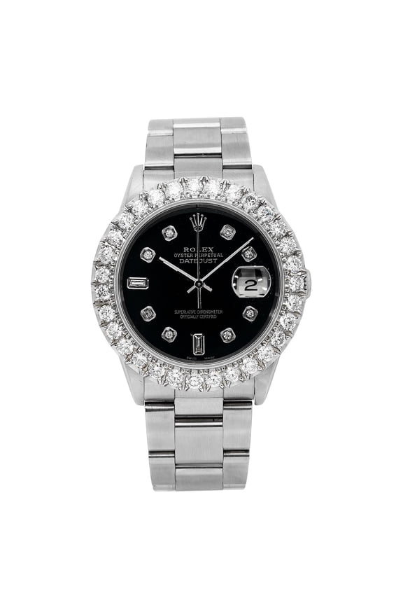 Pre-Owned Rolex Datejust 16200 36 mm Black Diamond Dial Stainless Steel Oyster Bracelet Mens Watch