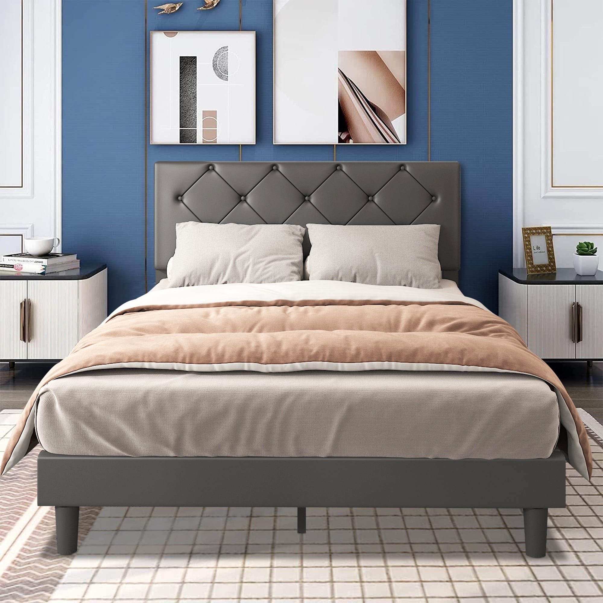 SYNGAR Full Size Platform Bed Frame with Faux Leather Upholstered