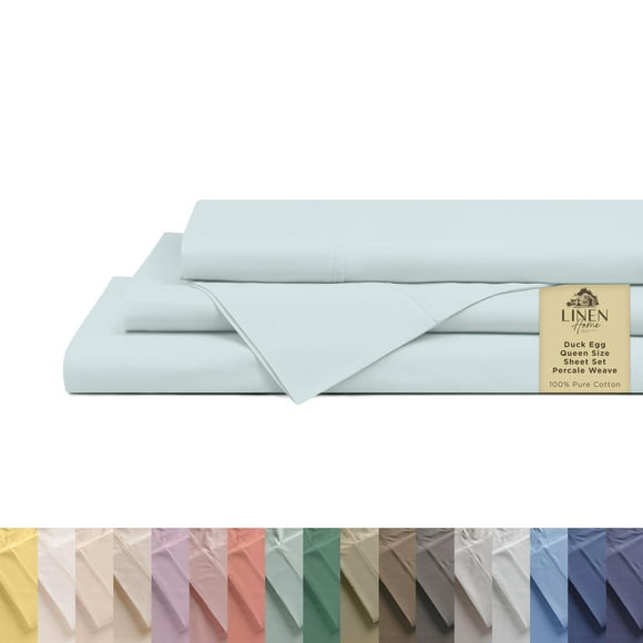 Linen Home Draps en Percale 100 % Coton Taille Grand, Œuf de Canard Bleu, Poches Profondes, Ensemble de 4 Pcs - 1 Drap Plat, 1 Drap-Housse à Poches Profondes et 2 Taies d'Oreiller, Linge de Lit Frais et Solide