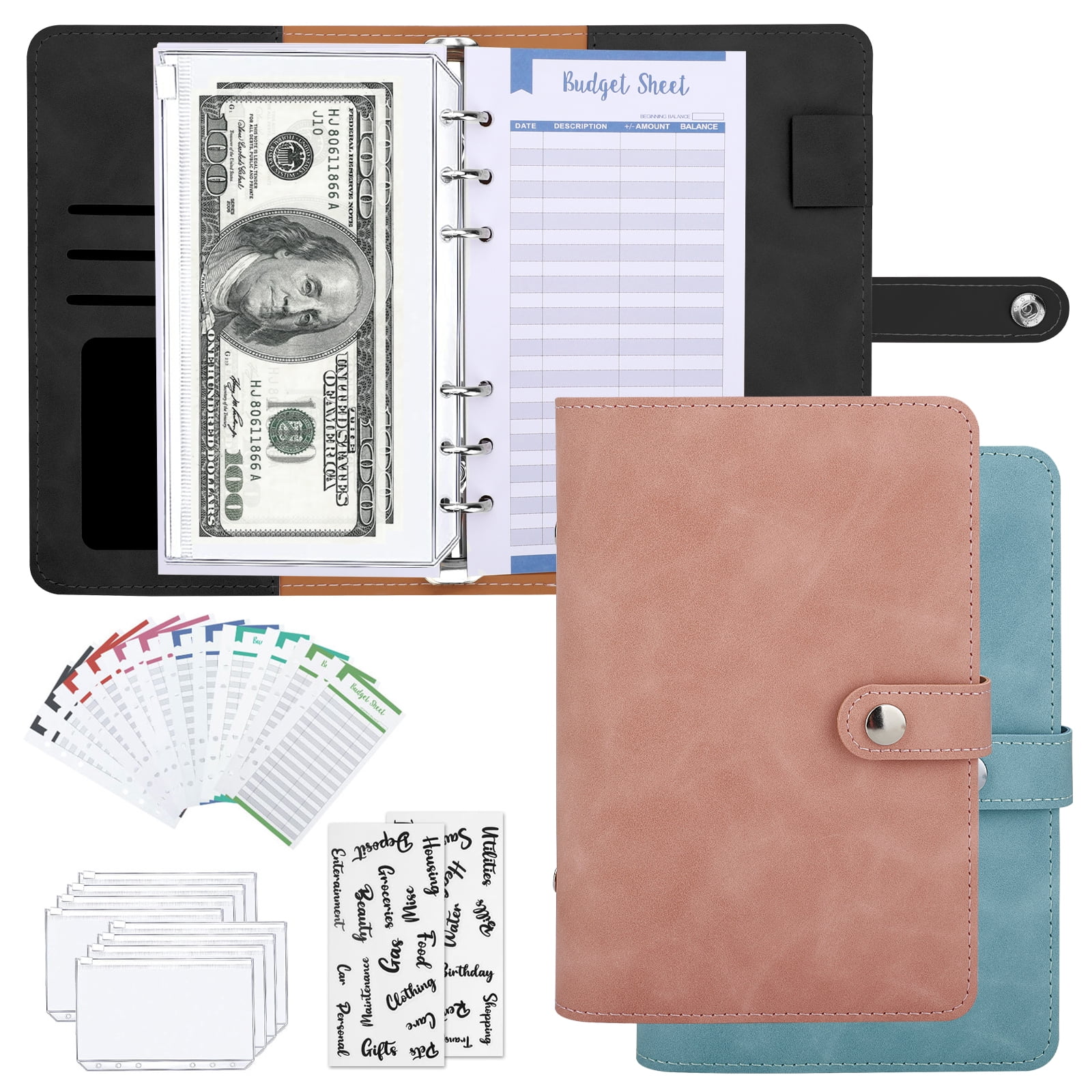 PU Leather Notebook Binder Budget Planner Organizer 6 Ring Binder Cover 26 Label 