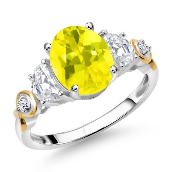 Gem Stone King 2.50 Cttw Oval Canary Mystic Topaz and Moissanite 3-Stone Ring for Women | 925 Silver and 10K Yellow Gold | Gemstone Birthstone | Oval 9X7MM (Size 9)