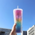 thumbnail image 3 of 24oz gradient color insulated mug with clear lid and straw - lightweight and portable, made of woven textured PS material, suitable for home, office and outdoor use. Travel mug | Stylish insulated mu, 3 of 12