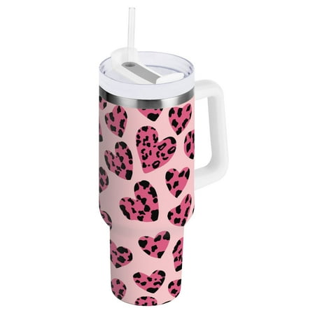 

JSTEL Pink Heart Leopard Print 30 oz Tumbler Stainless Steel Water Bottle Vacuum Insulated Cup with Straw Lid & Handle For Travel Car Cup Holder